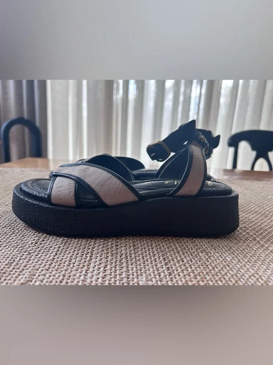 Sam Edelman Nylie Black Leather&Natural Linen Platform Ankle Strap Sandal.Size 8 - Picture 5 of 9